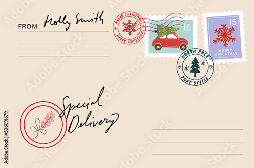 Christmas envelope with stamps, seals and inscriptions to santa claus. Special Delivery.