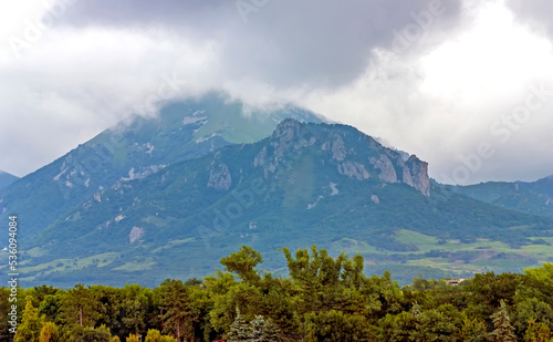 Beshtau Mountain with clouds in the North Caucasus. © Mikhail