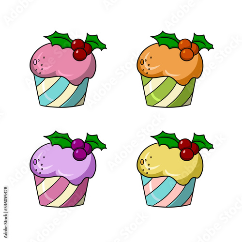 Set of colored icons, delicious cupcake with delicate fruit cream and berries with leaves, vector cartoon
