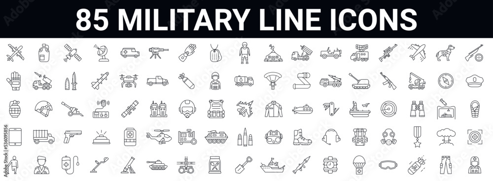 Outline set of 85 war, military, army line icons. Editable Stroke. Military Equipment, tools,  aids and appliances. collection and pack of linear icons.  