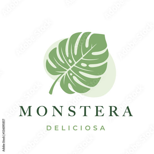 Monstera deliciosa leaf logo. Tropical summer split-leaf plant icon. Exotic Swiss cheese plant symbol. Natural cosmetic nature brand emblem. Vector illustration.
