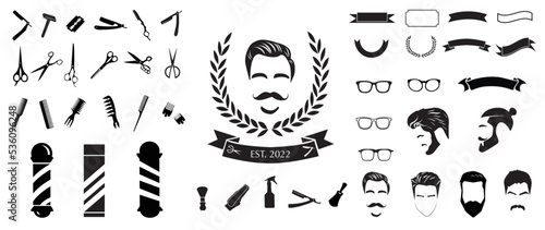 Collection of barbershop equipments in vintage retro style. Set of barber scissors, razor blades, eyeglasses, banners, comb, men's  hairstyle. Design for logo, sticker, print, decorative, tattoo. 