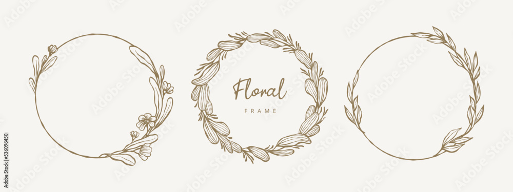 Hand drawn circle floral frame with flowers, branches and leaves. Wreath. Elegant logo template. Vector illustration for labels,
branding business identity, wedding invitation Hand drawn circle floral frame with flowers, branches and leaves. Wreath. Elegant logo template. Vector illustration for labels,
branding business identity, wedding invitation