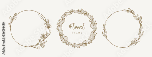 Hand drawn circle floral frame with flowers, branches and leaves. Wreath. Elegant logo template. Vector illustration for labels, 
branding business identity, wedding invitation