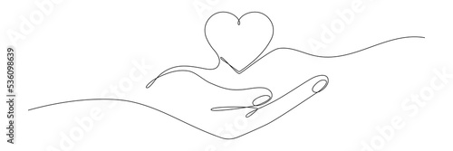 Hand holding heart continuous one line drawing. Love concept. Vector isolated on white.	
