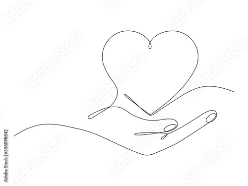 Hand holding heart continuous one line drawing. Love concept. Vector isolated on white.	