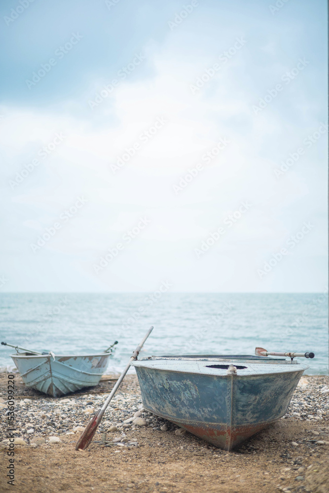 Harmony coastline landscape life balance decrepit old rusted boat at seashore spiritually sea beach