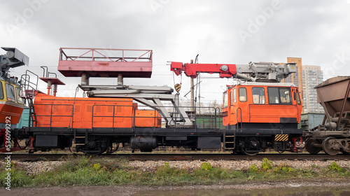 Petrol railcar for installation, repair, emergency and restoration work of the contact network on electrified railways. Side view