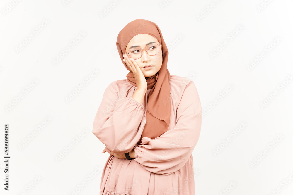 Boring and Angry gesture of Beautiful Asian Woman Wearing Hijab Isolated On White Background Boring and Angry gesture of Beautiful Asian Woman Wearing Hijab Isolated On White Background