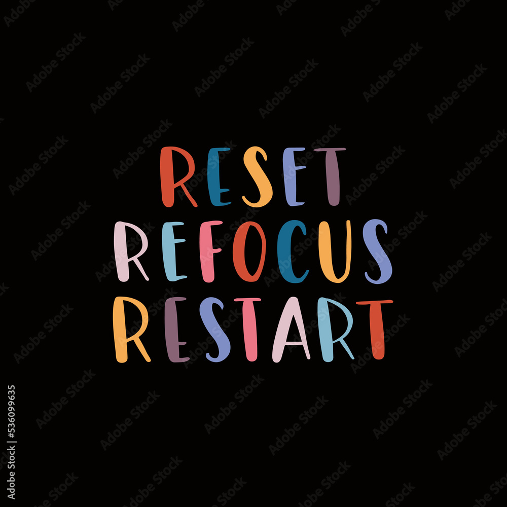 Hand drawn lettering motivational quote. The inscription: reset refocus restart. Perfect design for greeting cards, posters, T-shirts, banners, print invitations. Self care concept.