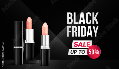 Vector realistic makeup sale banner design. Black Friday business promo flyer. Cosmetics luxury brochure. Premium lipstick ad poster. Cosmetology dark elegant background. November holiday sales