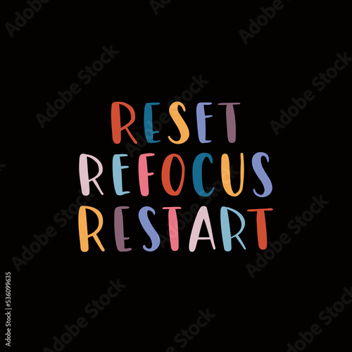Hand drawn lettering motivational quote. The inscription: reset refocus restart. Perfect design for greeting cards, posters, T-shirts, banners, print invitations. Self care concept.