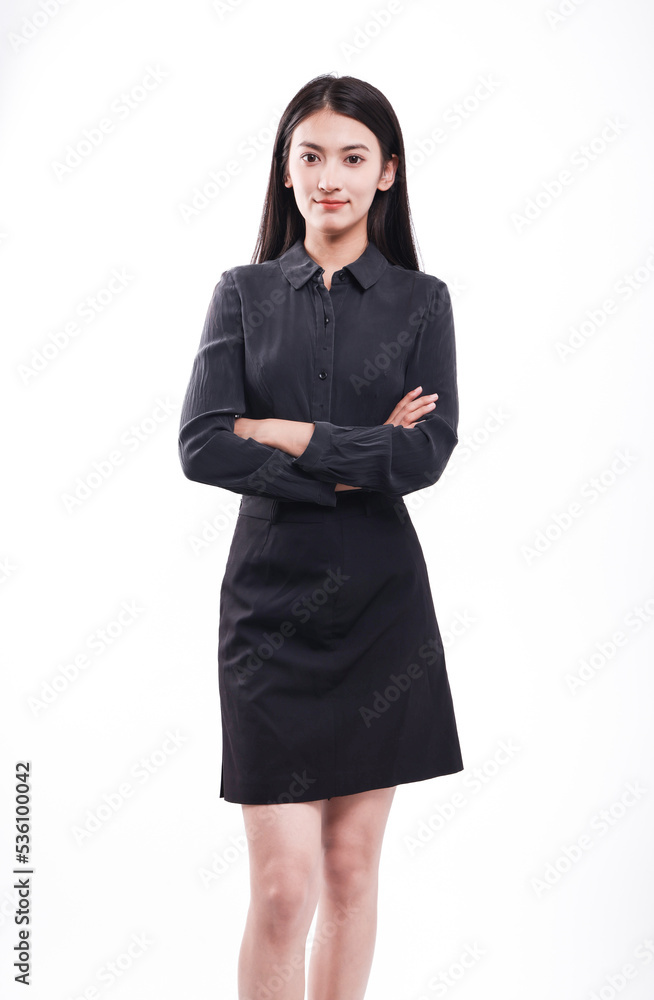 Business woman in black blouse and skirt on white background Business woman in black blouse and skirt on white background