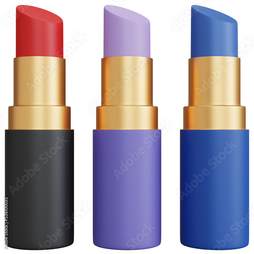 3d rendering three lipsticks in three different colors isolated