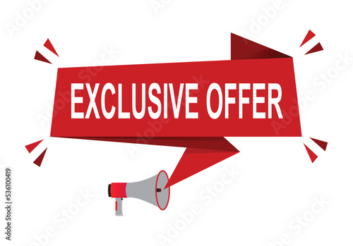 Exclusive Offer vector illustration. Red vector banner with megaphone and white background.