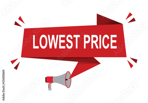 Lowest Price vector illustration. Red vector banner with megaphone and white background.