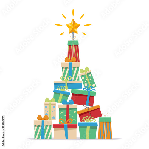 Christmas tree made with colorful gift boxes and presents decorated with shining stars on the top. Vector illustration flat design for banner, poster, and greeting card.