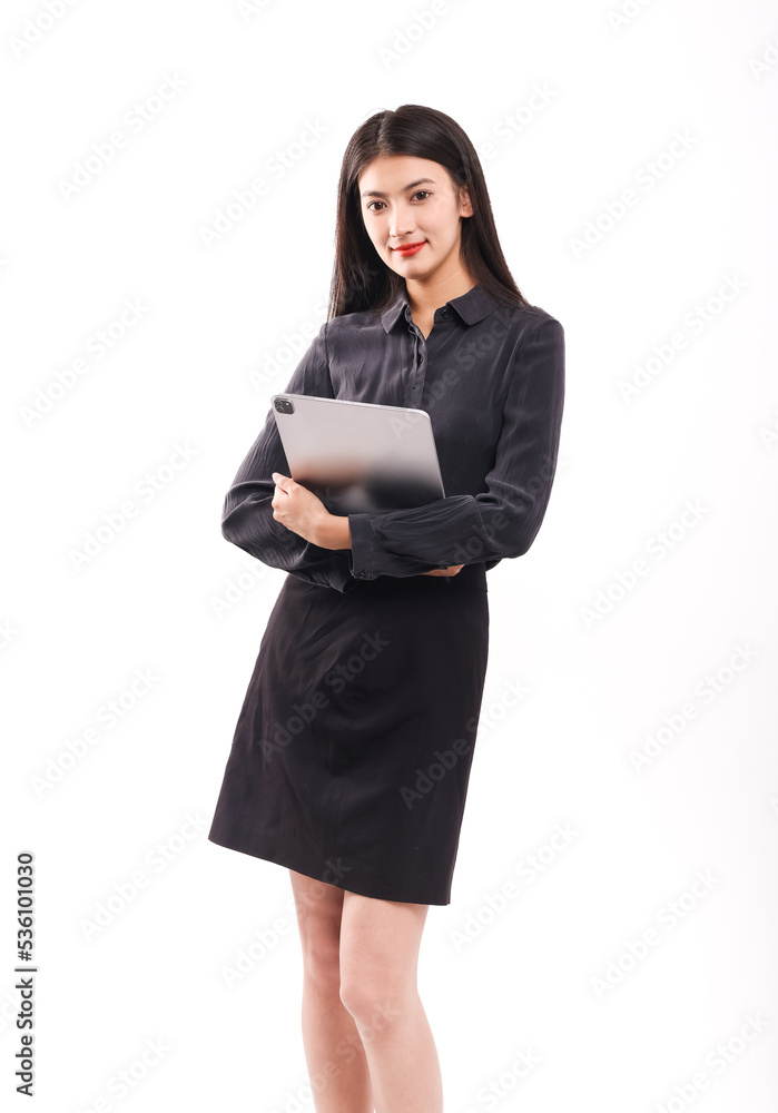 A business woman with a computer and a black skirt on a white background A business woman with a computer and a black skirt on a white background