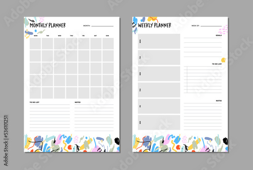 Monthly and weekly planner insert to diary, planner, organizer. Template with to do list, goals and notes section. Colorful abstract vector illustration.