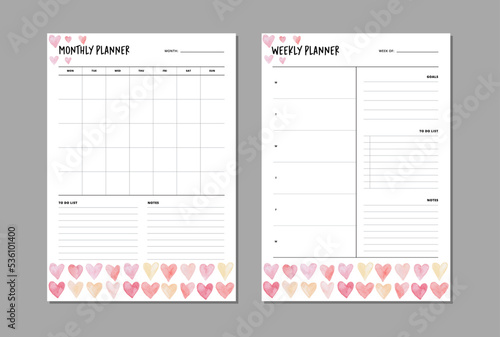 Monthly and weekly planner insert to diary, planner, organizer. Template with to do list, goals and notes section. Colorful watercolor hearts vector illustration.