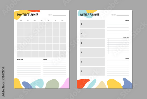 Monthly and weekly planner insert to diary, planner, organizer. Template with to do list, goals and notes section. Colorful abstract vector illustration.