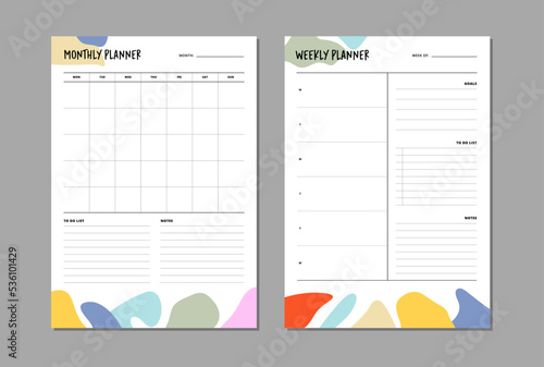 Monthly and weekly planner insert to diary, planner, organizer. Template with to do list, goals and notes section. Colorful abstract vector illustration.