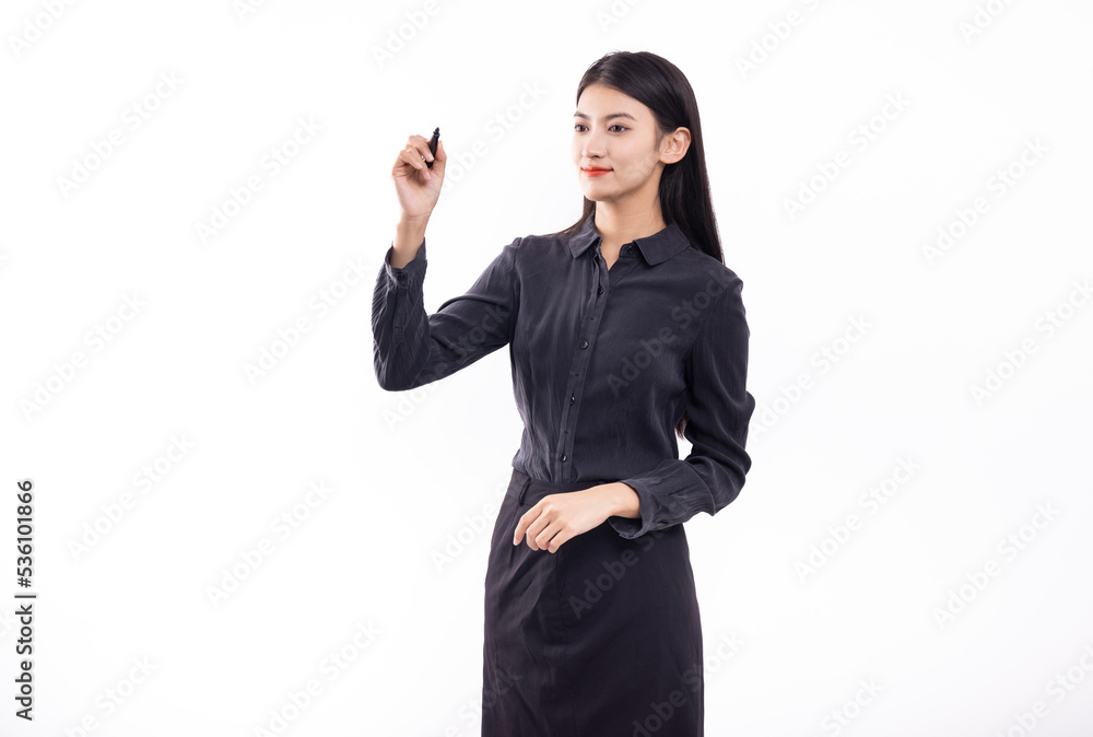 Business woman in black blouse and skirt on white background
