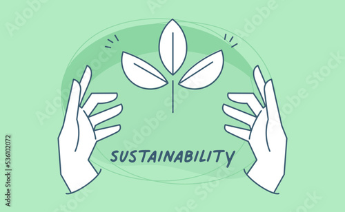 Sustainable ecologic environment concept. Hand holding plant. Linear vector illustration.