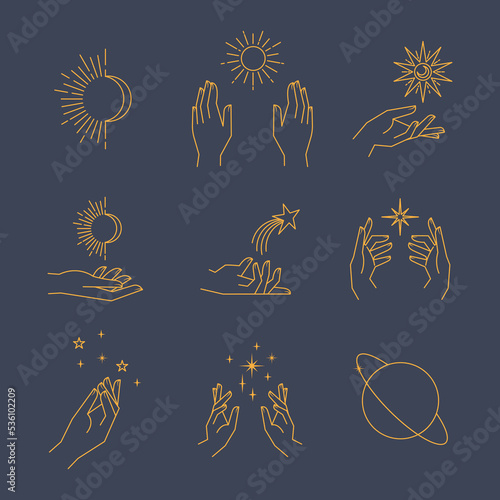 Aesthetic hands and cosmic and celestial elements. Universal cosmos related icons. Linear vector illustrations. Magic and Witchcraft symbology.