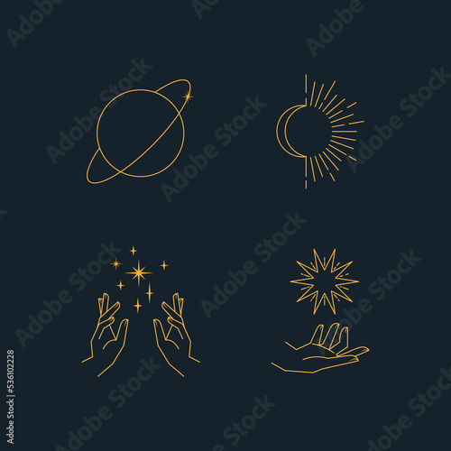 Aesthetic hands and cosmic and celestial elements. Universal cosmos related icons. Linear vector illustrations. Magic and Witchcraft symbology.