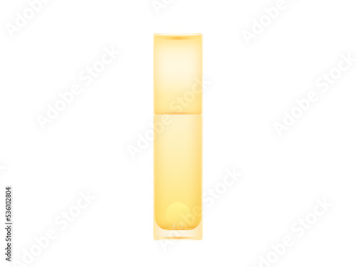 Vector yellow perfume glass bottle isolated on white background. Luxury makeup jar realistic illustration. Golden vial cologne mockup. Premium fluid spray can. France cosmetic 3d container