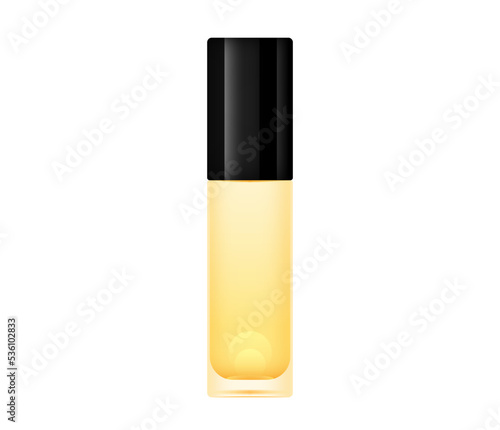 Vector yellow perfume glass bottle isolated on white background. Luxury makeup jar realistic illustration. Golden vial cologne mockup. Premium fluid spray can with black cap. France cosmetic container