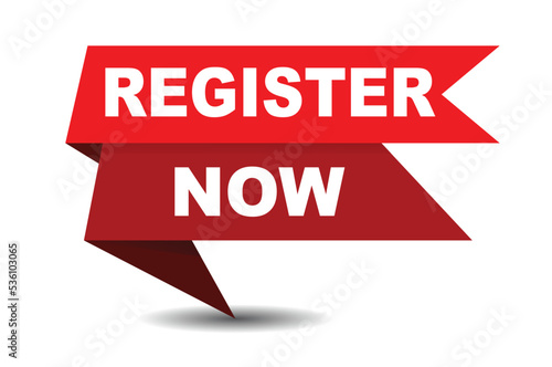 Register Now Vector Illustration. Register Now red vector banner ribbon with white background.