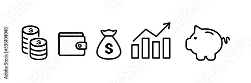 Finance icons. Business Icons, money signs. Money silhouette collection. Wallet with cards icon. Coins silhouette icon. Growth chart. Moneybag or stash. Piggy bank flat style
