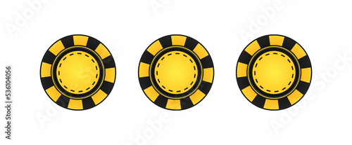 Vector casino chips set isolated on white background. Gambling round black and yellow dice illustration. Poker set template. Las Vegas gamer symbol. Roulette mockup. Risky gaming pack, top view