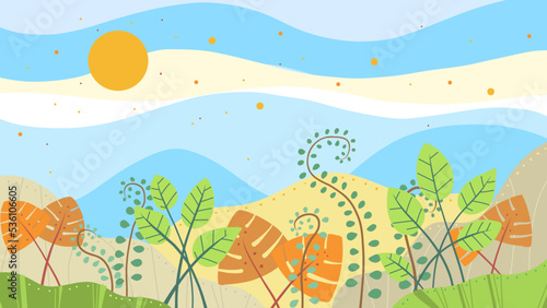 Bosque tropical con plantas y arbustos. Caricatura de paisaje de día soleado.