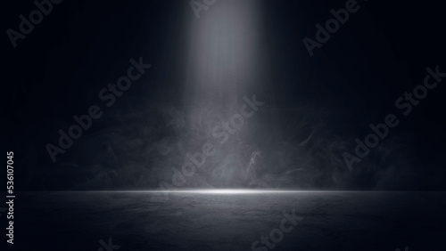 Empty dark abstract dark blue background, Rays of neon light in the dark, spotlights and and studio room with smoke float up interior texture for display products wall background.