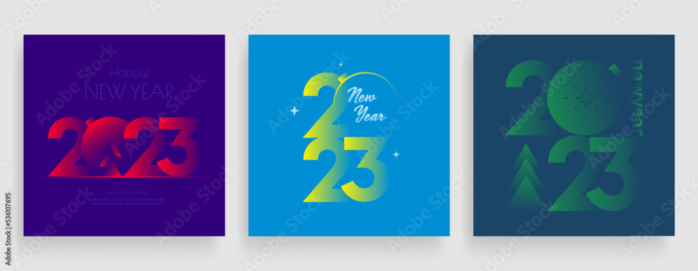 2023 Happy New Year posters set. Christmas card with colorful typography logo 2023. Vector holiday composition of numbers.