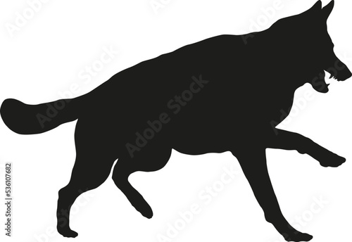 Dangerous and angry german shepherd dog puppy. Agressive dog. Black dog silhouette. Pet animals. Isolated on a white background. Vector illustration.
