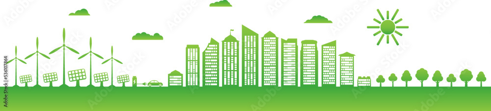 Ecological city and environment conservation. Renewable energy sources. Green city with electric vehicle, charging station, wind energy, solar panels. Vector illustration. Ecological city and environment conservation. Renewable energy sources. Green city with electric vehicle, charging station, wind energy, solar panels. Vector illustration.