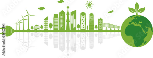 Silhouette of green city with mirror reflection. Electrical cable with plug is connecting to planet earth. Environment conservation. Think green. Vector illustration.