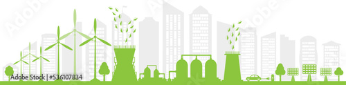 Environmentally friendly production. Silhouette of green city. Think green. Environment conservation. Sustainable development concept. Vector illustration.