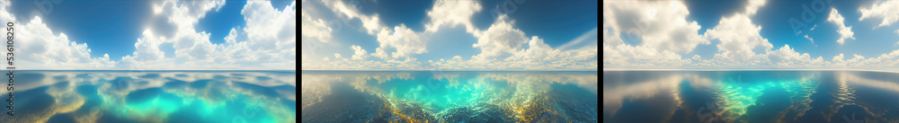 Background the blue cloudy sky reflects on the lake water surface , Generative AI