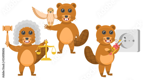 Set Abstract Collection Flat Cartoon Different Animal Beavers Blows Soap Bubbles, Lights The Fireplace With A Matches, Mounts The Socket Style Elements Fauna Wildlife
