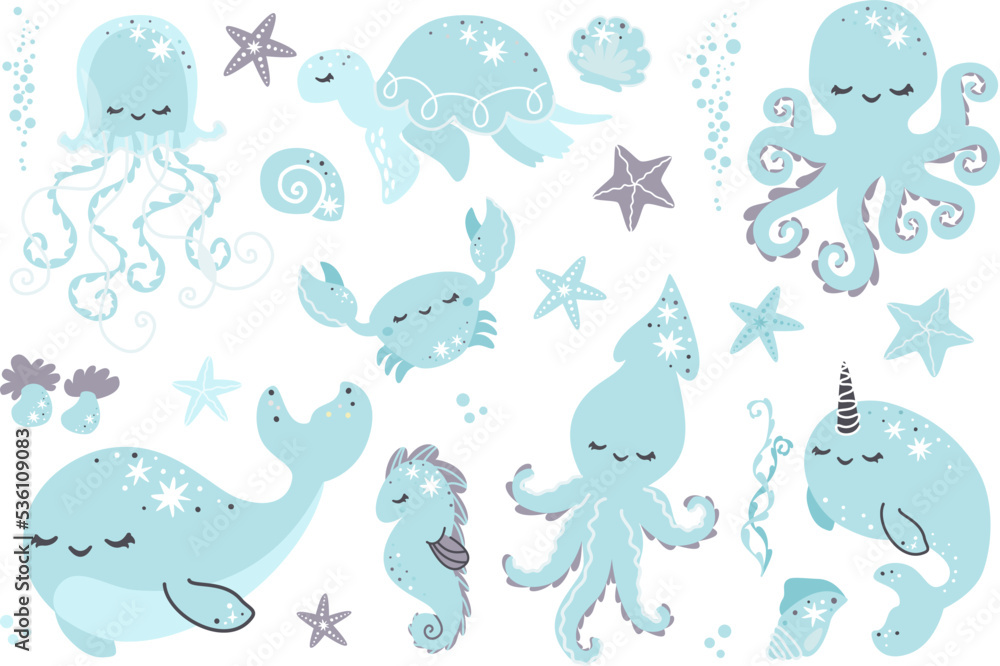 Cute and magical vector set of sea animals. Jellyfish whale narwhal turtle seahorse starfish snails crab squid Cute and magical vector set of sea animals. Jellyfish whale narwhal turtle seahorse starfish snails crab squid
