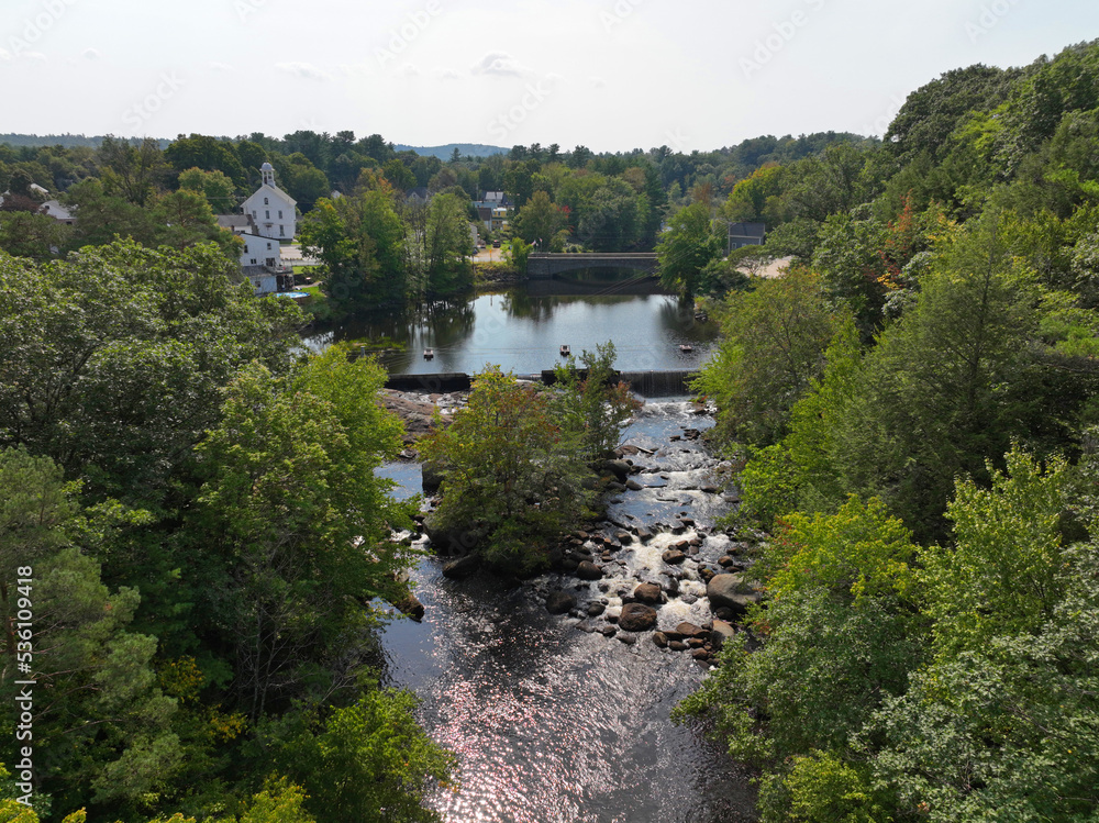 Great Falls on Contoocook River in historic town center of Bennington, New Hampshire NH, USA. 