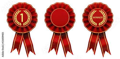 Set of red and gold rosettes, First place winner ribbon cockades	
