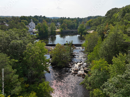 Great Falls on Contoocook River in historic town center of Bennington  New Hampshire NH  USA. 