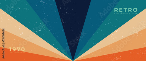 Abstract retro 70s background vector. Colorful vintage 1970 stylish wallpaper with old grunge ray, rainbow burst light. Illustration design suitable for poster, banner, decorative, wall art. 