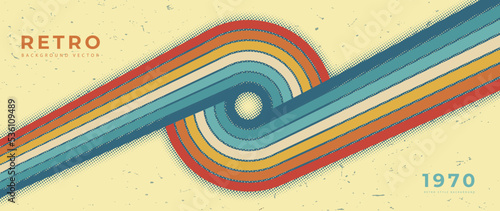 Abstract retro 70s background vector. Colorful vintage 1970 grunge stylish wallpaper with lines, stripes, curve, circle shapes. Illustration design suitable for poster, banner, decorative, wall art. 